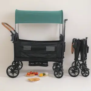 2 Seater Wagon Stroller, Luxury Foldable Kids Utility Wagon with Double Adjustable Push Bars & Removable Canopy, Heavy Duty Collapsible Wagon Cart for Beach, Camping & Park