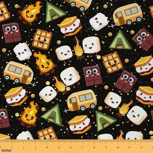 Cute S'Mores Fabric By The Yard,Marsh Mallow Cookie Waterproof Fabric,1 Yard Cartoon Camping Car Upholstery Fabric,Black Fabric
