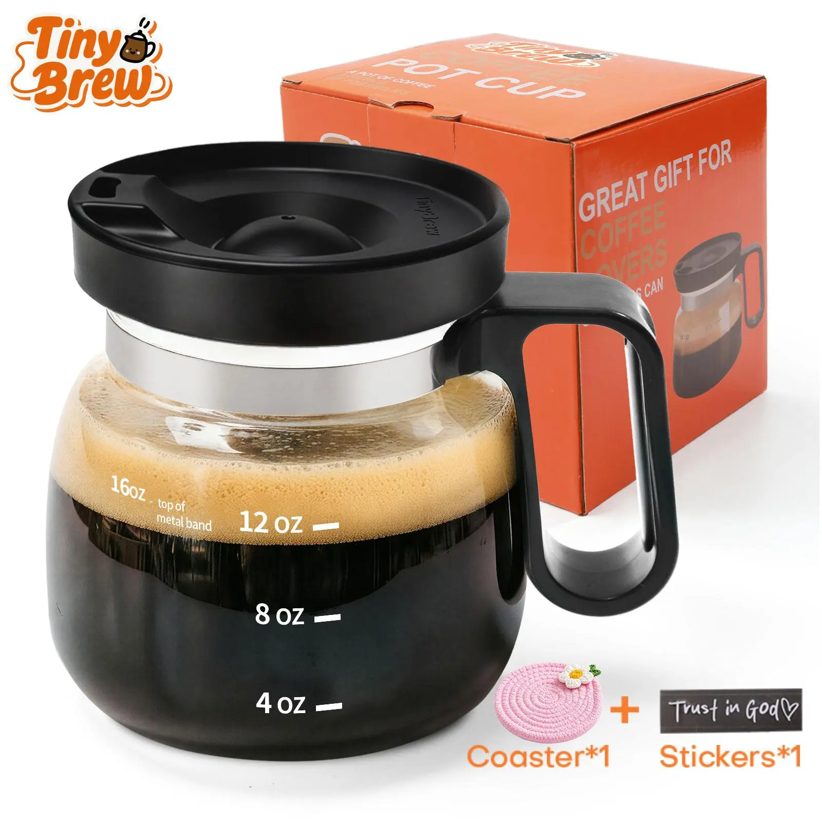 Tiny Brew Coffee Mug with Lid 16oz Glass Creative Cup, Coffee Lovers' Top Choice, Dimensions: 4.9inches tall, 3.8 inches wide, Includes Coaster, Ergonomic Handle Design, a little surprise for your loved one,deals for you,mid year sale