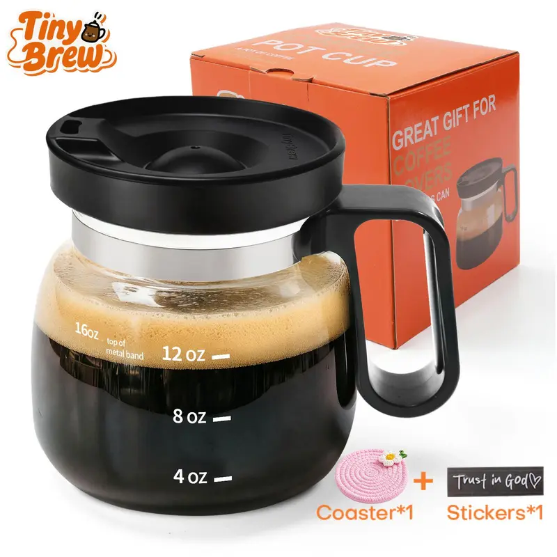 Tiny Brew 16 oz Glass Coffee Cup with Lid and Coasters and Decorative Sticker, Heat-Resistant Pot-Shaped Design, Measurement Marks, Easy-Grip Ergonomic Handle, Novelty Gift for Coffee Lovers, Glass Coffee Cups, 16Oz