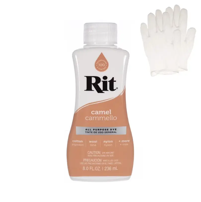 Rit Camel 8 oz Liquid Fabric Dye - Tie-Dye Ready for Adults, Clothing, Clothing Décor & Home Crafts, Even Coloring on Cotton & Multiple Fibers, Includes 1 Pair Medium Latex-Free Vinyl Gloves