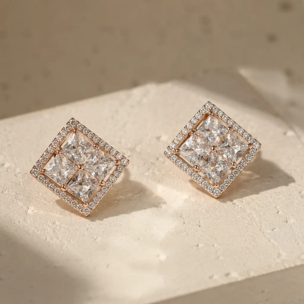 Rose Gold-Tone Square CZ Stud Earrings, Halo Sparkle, Luxe Minimal