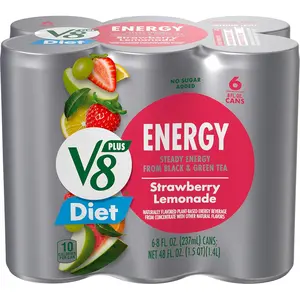 V8 Plus Diet Energy Drink - Strawberry Lemonade Flavor - No Sugar Added - 6 Cans - 8.1 Fl Oz Each - Steady Energy from Black & Green Tea