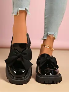 Women's Chunky Heel Thick-Sole Slip-On Loafers, Rubber Bottom Bow-Design Shoes for Casual Office Daily Wear