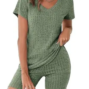 Ekouaer Biker Short Sets Women 2 Piece Outfits Ribbed Pajama Short Sleeve Workout Set