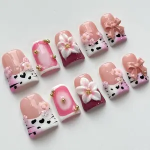 Pink French Tip Press on Nails Short Duck Handmade 3D Unique Reusable ABS Material Fake Nails with Designs Bow Flower Cow Print Glossy Glue on Nail Thick Acrylic Nail (M)