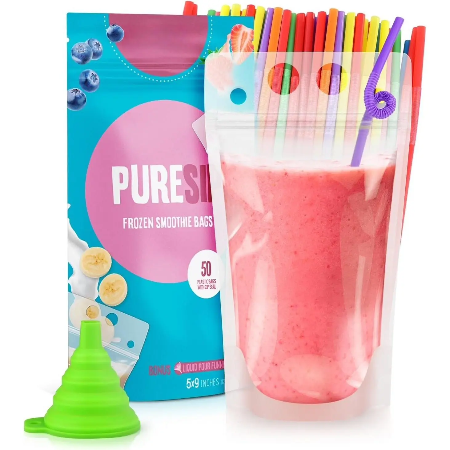 50 count 16oz Drink Pouches for Adults - Drink Pouches with Straws x50 & Funnel - Resealable Smoothie Pouches & Clear Juice Pouches for Adults - Drink Bag Plastic Pouches for Drinks with Straws