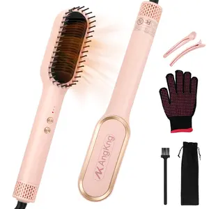 Hair Straightener Brush with Hot & Cool Air, AngKng Anti-Scald Heat Comb Straightener for Straightening Hair, 30s Fast Heating, Hot Air Straightening Brush for Women, Dual Voltage for Travel, Pink