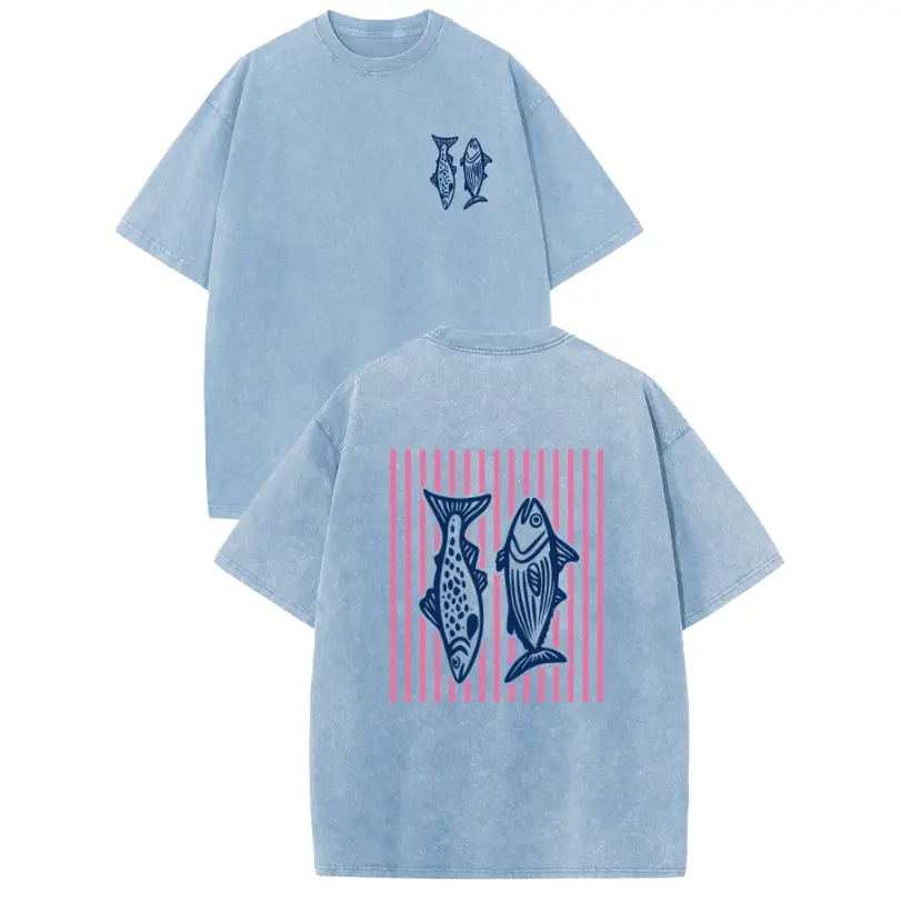 Holafish 2026 100% Cotton Crewneck Acid Wash T‑Shirt, Retro Pink Striped Dual‑Side Fish Graphic Printed Unisex Fashion Tees summervibes Casual Top