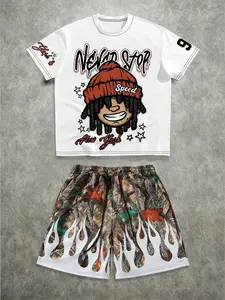 Vintage Racing 22 Number Graphic White Oversized T-Shirt + Black Stripe Drawstring Shorts 2 Piece Set Streetwear Y2K Hip Hop Athletic Tracksuit Menswear
