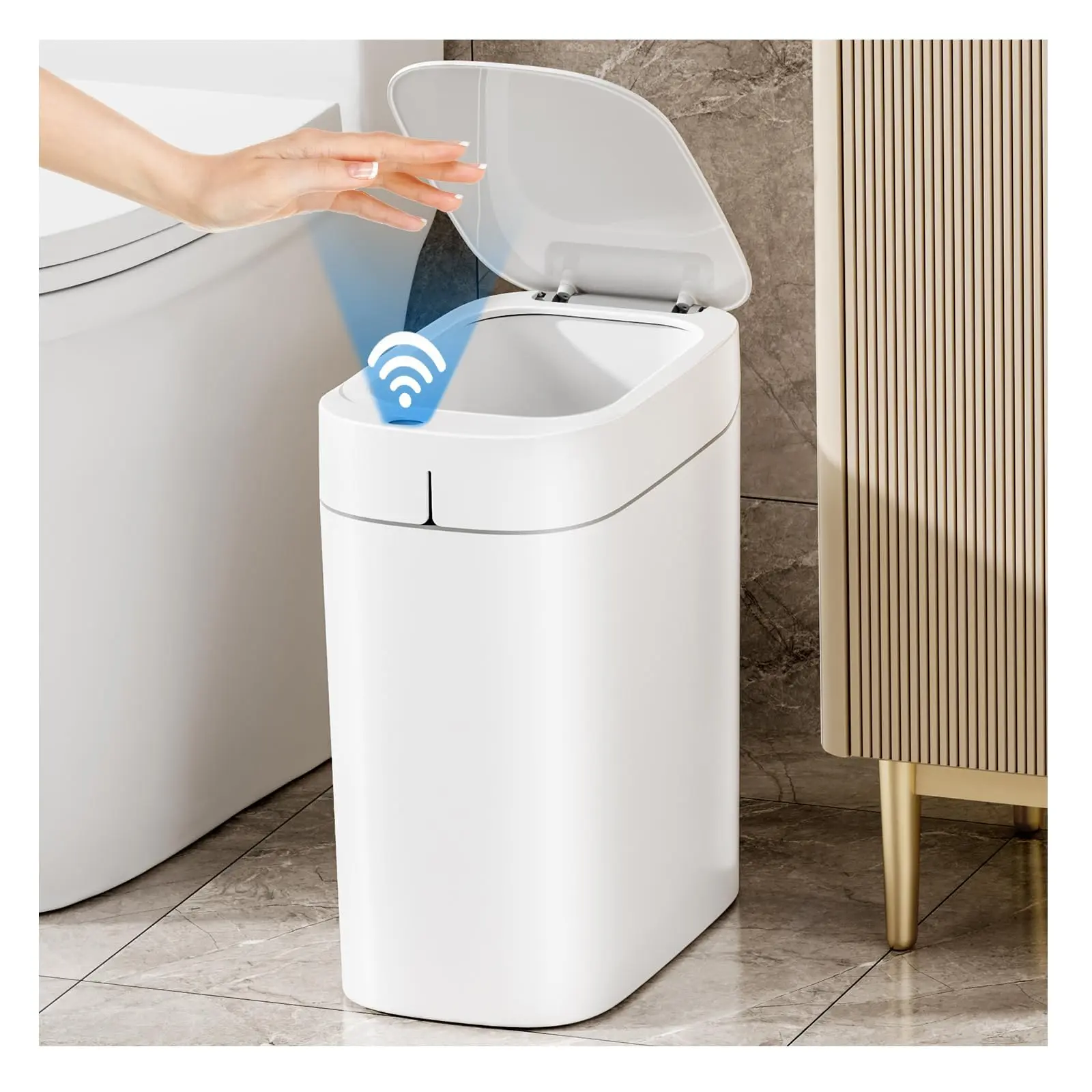 Rechargeable Bathroom Trash Can Motion Sensor Automatic Touchless White 3.5 Gallon Smart Garbage With Lid Auto-adsorption Slim Small Waste Basket For Bedroom Kitchen