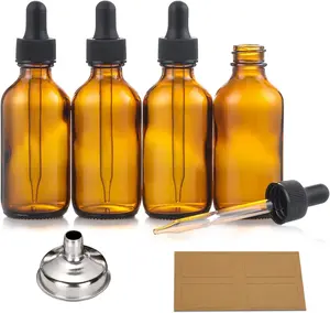 [New Deal] 4 Pack, 2 oz Dropper Bottles with 1 Funnel & 4 Labels - Essential Oils Bottles for Health, Personal Care & Beauty - 60ml Thick Dark Amber Glass Tincture Bottles with Eye Droppers, Leakproof