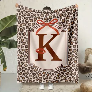 Leopard Print Letter A-Z Pattern Flannel Throw Blanket, 1 Count Soft Warm Blanket, Monogram Decor Blanket for Home Office Travel