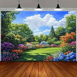 1pc Polyester Outdoor Wall Hanging Backdrop Banner Decor, Colorful Garden Scene with Greenery, Vibrant Flowers, Blue Sky, White Clouds - Durable, No Electricity Needed for Photo Booths, Birthday Parties