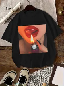 Men's  Retro Graphic T-Shirt- Bold Lip& Flame Print Black 100% Cotton Streetwear Tee, Loose Fit Breathable Round Neck Short Sleeve Shirt for Spring Summer Casual Outfits, Retro 90s 2000s Inspired Style, Great Fit No