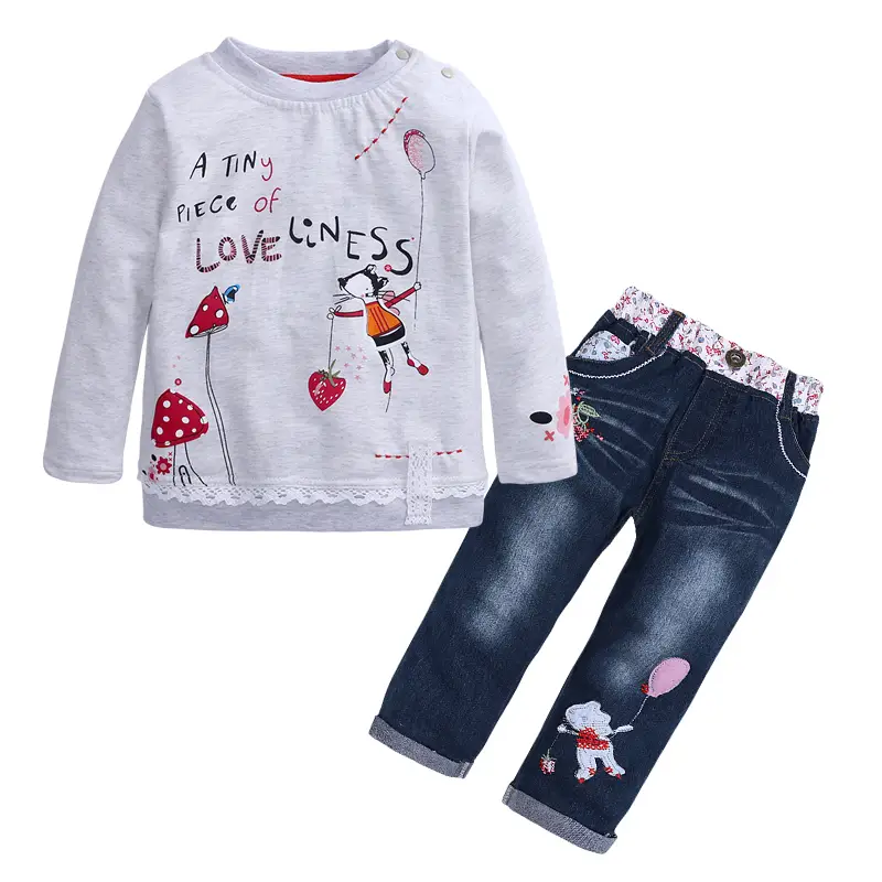 2024 Kids Girl Children Clothes Sets Cotton Cute Printing Long Sleeve Sweatshirt Tops T-shirt+Jean 2 pcs Clothing Set Girls Suits