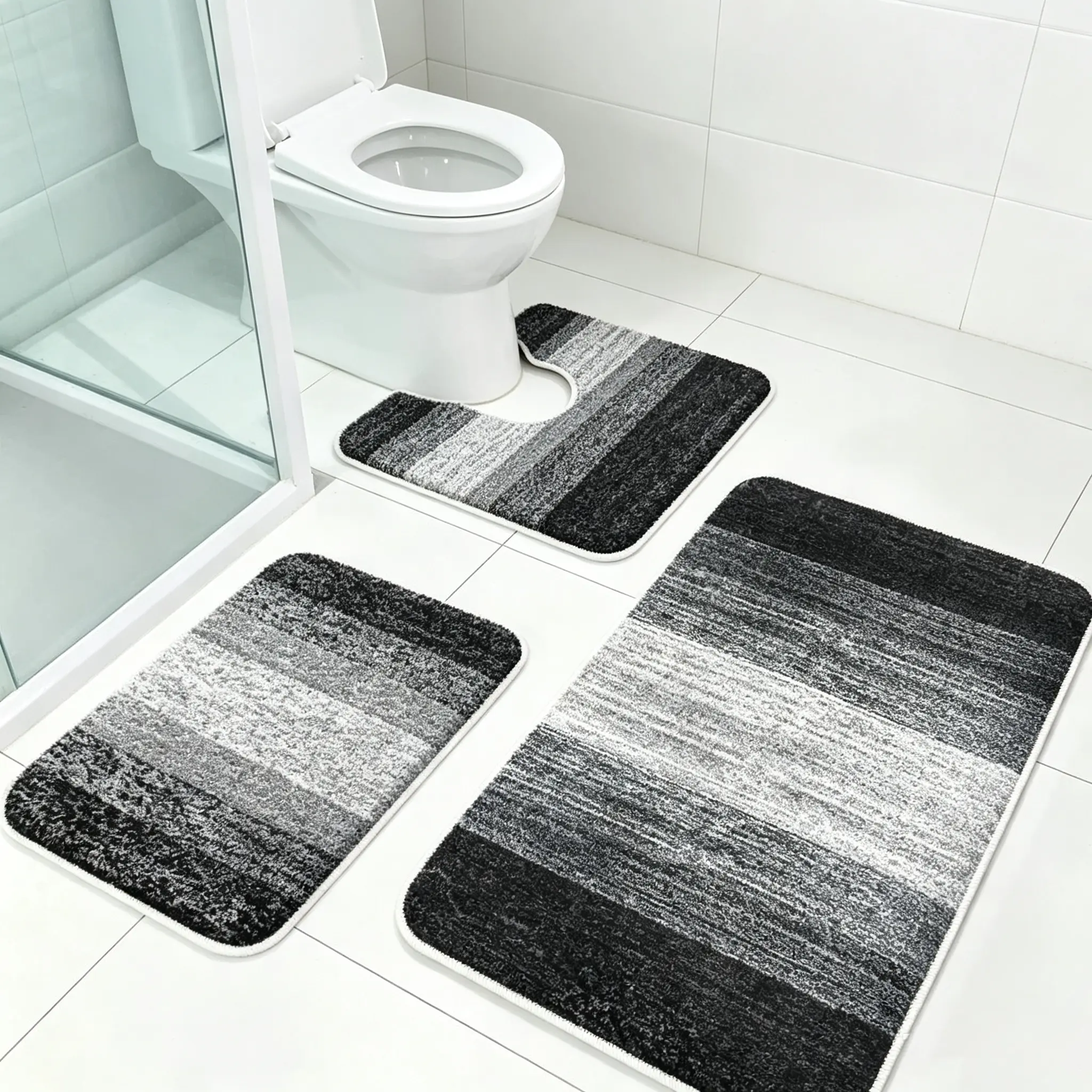 Bathroom Rug Set 3 Piece, Soft Absorbent Microfiber Bath Mats with U-Shaped Toilet Contour Rug, Plush Shaggy, Machine Washable,30x20 in + 24x20 in + 24x16 in