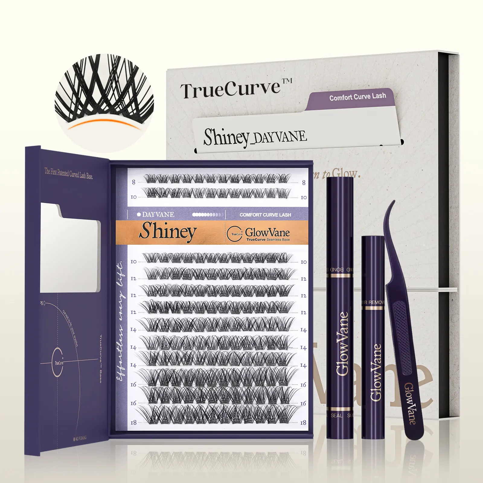 GlowVane TrueCurve Lash Kit | 0.03mm Invisible Curved Band Lash Clusters Soft Wispy 8-18mm DD Curl DIY Lash Extensions for Beginners Seamless Eye Fit Zero Strain(FS2)