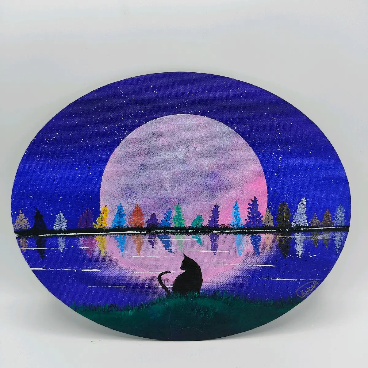 Artist Signed "Moonlit Kitty" Acrylic Painting on 10" x 8" Oval Canvas Panel