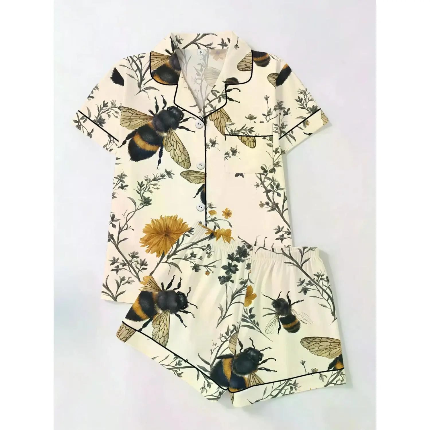Bee Daisy Floral Women's Short Sleeve Shorts Set - Casual Fitted Two-Piece Pajamas for All Seasons, Comfortable Loungewear Homewear