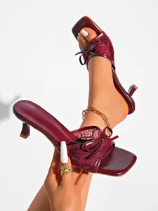 Transparent Wine Lace Slippers, Square Toe Design, Butterfly Knot, Cat Heel, Fashionable and Elegant, Perfect for All Seasons, Summer