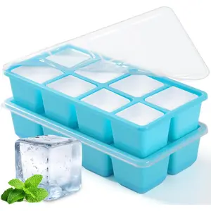 Large Ice Cube Trays,  2 Pack Reusable Silicone Ice Cube Molds with Lid for Freezer, Easy Release 16 Big Square Ice Trays for Whisky Cocktails