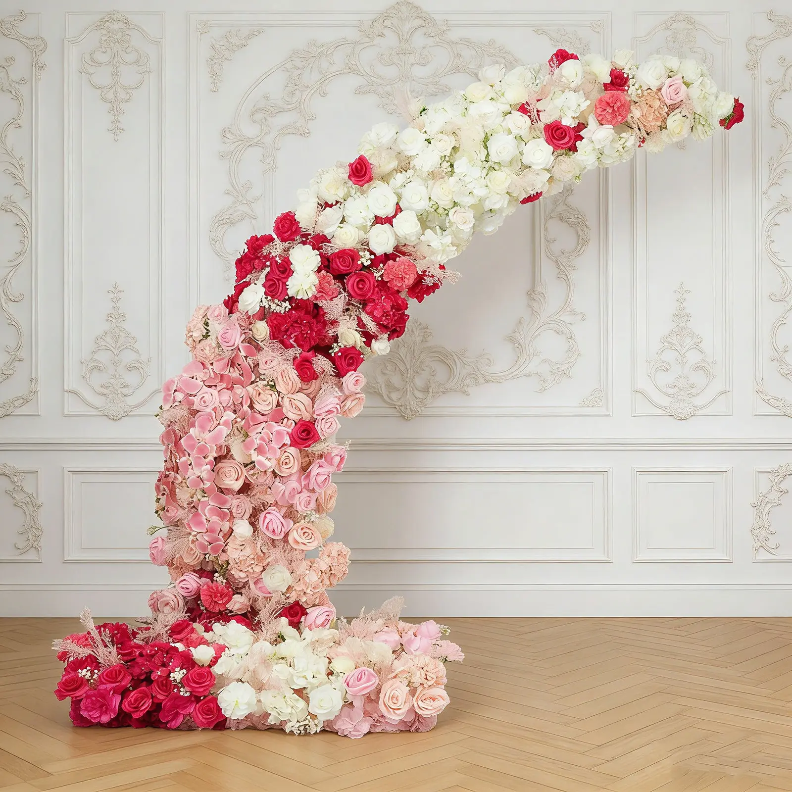 Decorative Foam-Backed Silk Floral Backdrop - Artificial Plants Faux Flower Plant Arch for 6.5ft Half Crescent Wedding Arch, Featuring White & Pink Roses, Hydrangeas & Chrysanthemums
