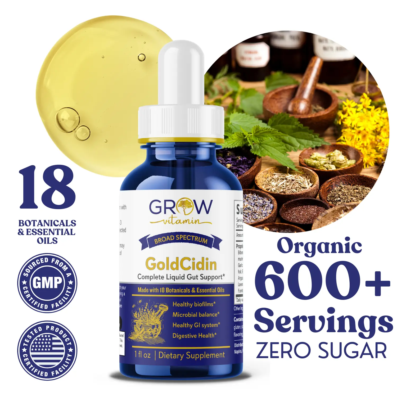 Grow Vitamin Bio GoldCidin Healthcare Dietary Gut Health Supplement, Eliminates Irritants, Targets Biofilms, Gut Support, Gut Cleanse