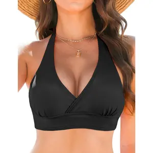 Women's Supportive Halter Bikini Top Ruched Push Up Swimsuit Bathing Suit Top Swimwear Top Only