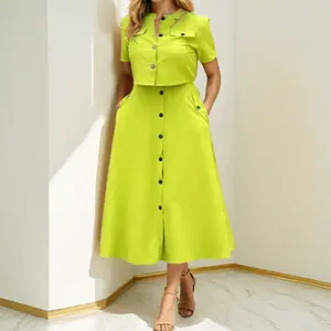 Trendy Lime Green Dress Set Crop Top   Midi Skirt for Summer Chic Button  Down Two Piece Womenswear Clothes 2 piece set matching sets women loungesetwomen