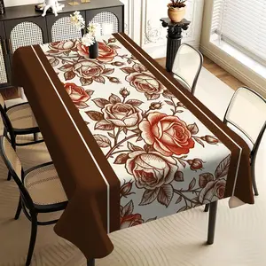 JIT 1PC 2D Flat printing, retro rose flower pattern long tablecloth, tabletop decorative cloth, tabletop protective cover, suitable for indoor and outdoor use, holiday style, universal in all seasons