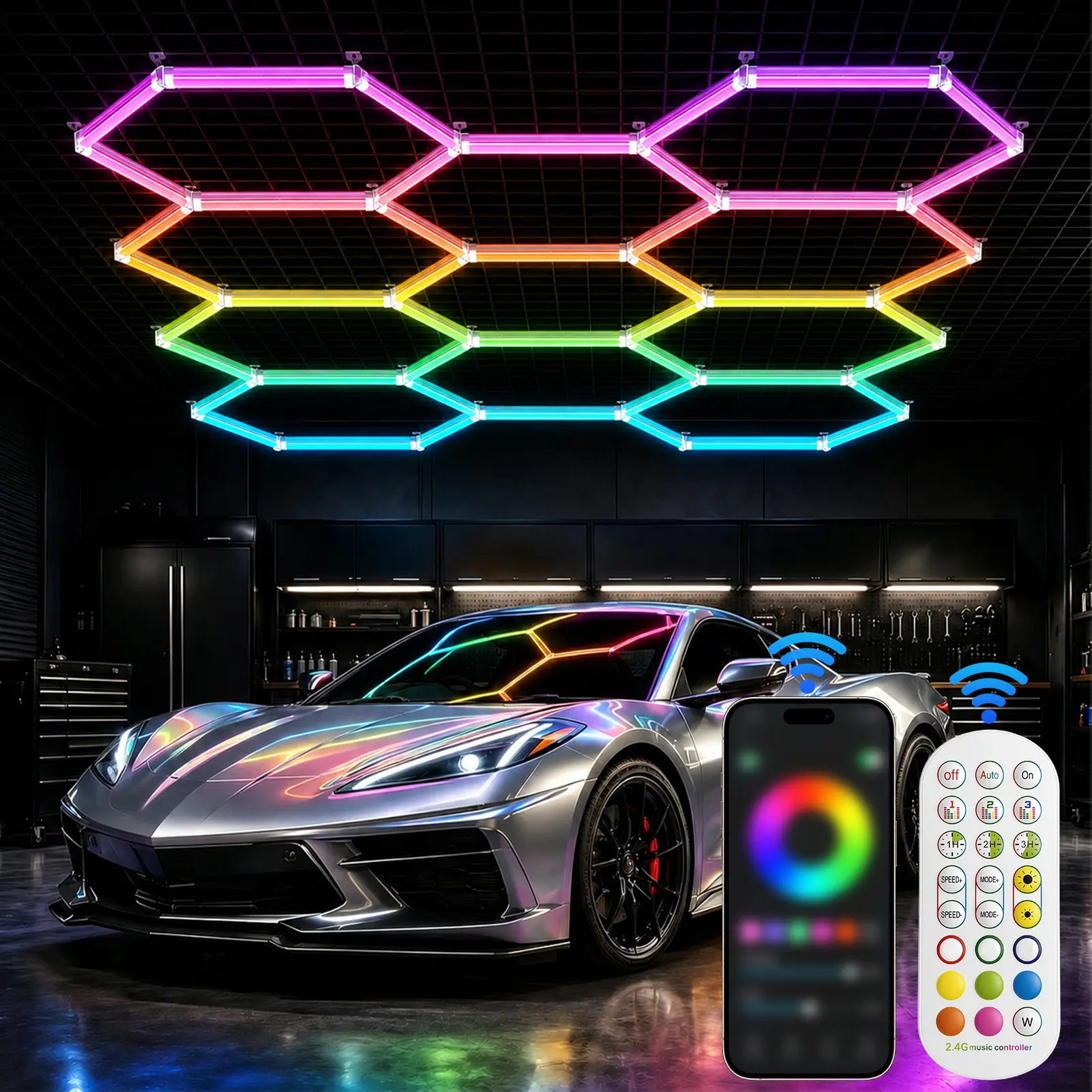 Hexagon Garage Lights, 7/8/11 Grids LED Hexagon Lights with Music Sync APP Controlled, RGB Color Changing Honeycomb Lights for Gaming Room, Gym, Garage