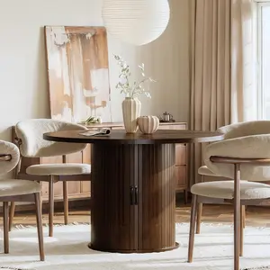 Round Dining Table for 4, 47" Modern Fluted Circle Kitchen Table with 2-Layer Storage and Sliding Door, Farmhouse Dinner Tables for Kitchen, Dining Room