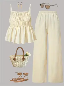 Casual Wrinkled Texture Halter Top & Wide Leg Pants Set, 2 Piece Womenswear for Daily Wear, Vacation, Sister Photos, Spring Summer Clothing