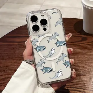 Phone Case: Whale Shark Hammerhead Ocean Marine Pattern Transparent Thickened Shockproof Hard Case with Magnetic Ring Supports Wireless Charging for iPhone 17 E Air Pro ProMax iPhone16 15 14 Plus 13 12 11 X XS XR- A Top Choice for Fresh and Stylish Gifts