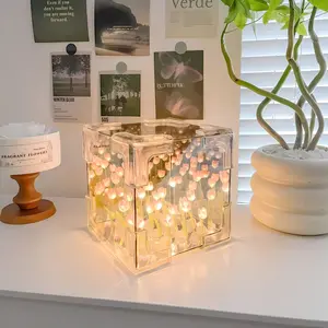 Tulip Night Light, Bedroom LED Decorative Night Light, Handmade DIY Magic Cube Tulip Flower Table Lamp and Mirror Two in One, 21 Flowers Birthday Gifts for Women and Girls (4 Colors Available)