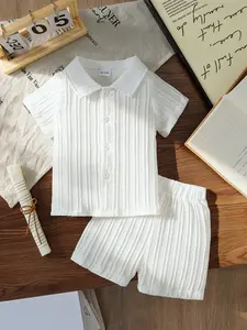 Boys' Summer Set, Striped Short Sleeve Shirt & Shorts Two-Piece, Breathable Fabric, Button Front Design, Casual Daily Wear, Children