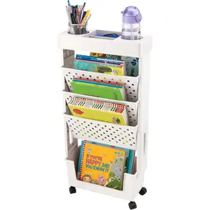 White Rolling Office Paper Organizer Mobile Book Cart Document File Storage with Pen Holder Slim Rolling Movable Bookshelf for Office Dorm Classroom Nursery