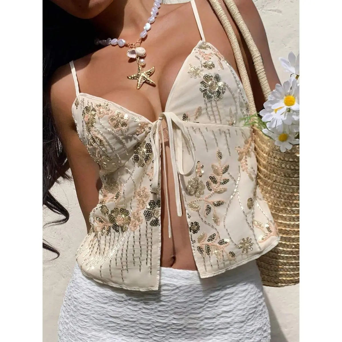 Serisse New Summer Women Sequin Embroidered Camisole Tank Top,Rave Outfits Festival,Ibiza Outfits,Coachella,Beaded Top