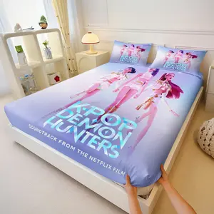 K-Pop Demon Hunter Poster Bedding Set, Includes 2 Coreless Pillowcases, Digital Print Sheet Set, Anti-Slip Fixed Korean Trend