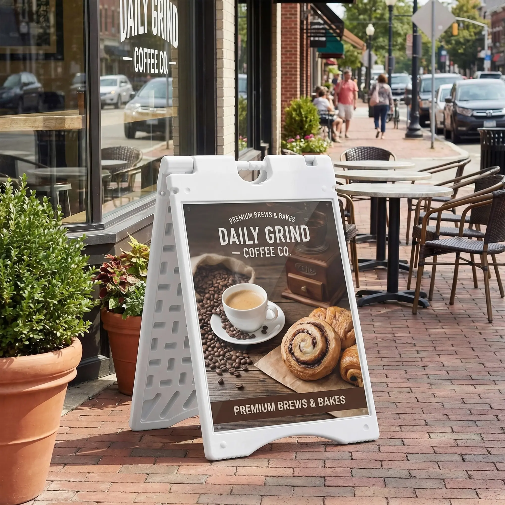 A Frame Sandwich Board Signs Outdoor – 22" x 28" Sidewalk Sign with Weighted Tank & Weatherproof Design. Double-Sided Display. Folding & Portable. White