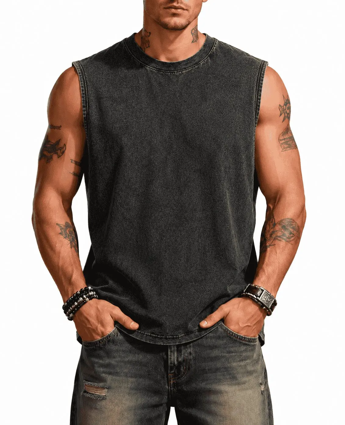 Men's 2-Piece Retro Summer Streetwear Set - Oversized Sleeveless Tank Top & Cargo Pants, Vintage Washed Heavy Cotton Relaxed Fit, Sporty Chic Casual Crewneck, Outdoor Breathable, Gakuran Graphic Beige Menswear
