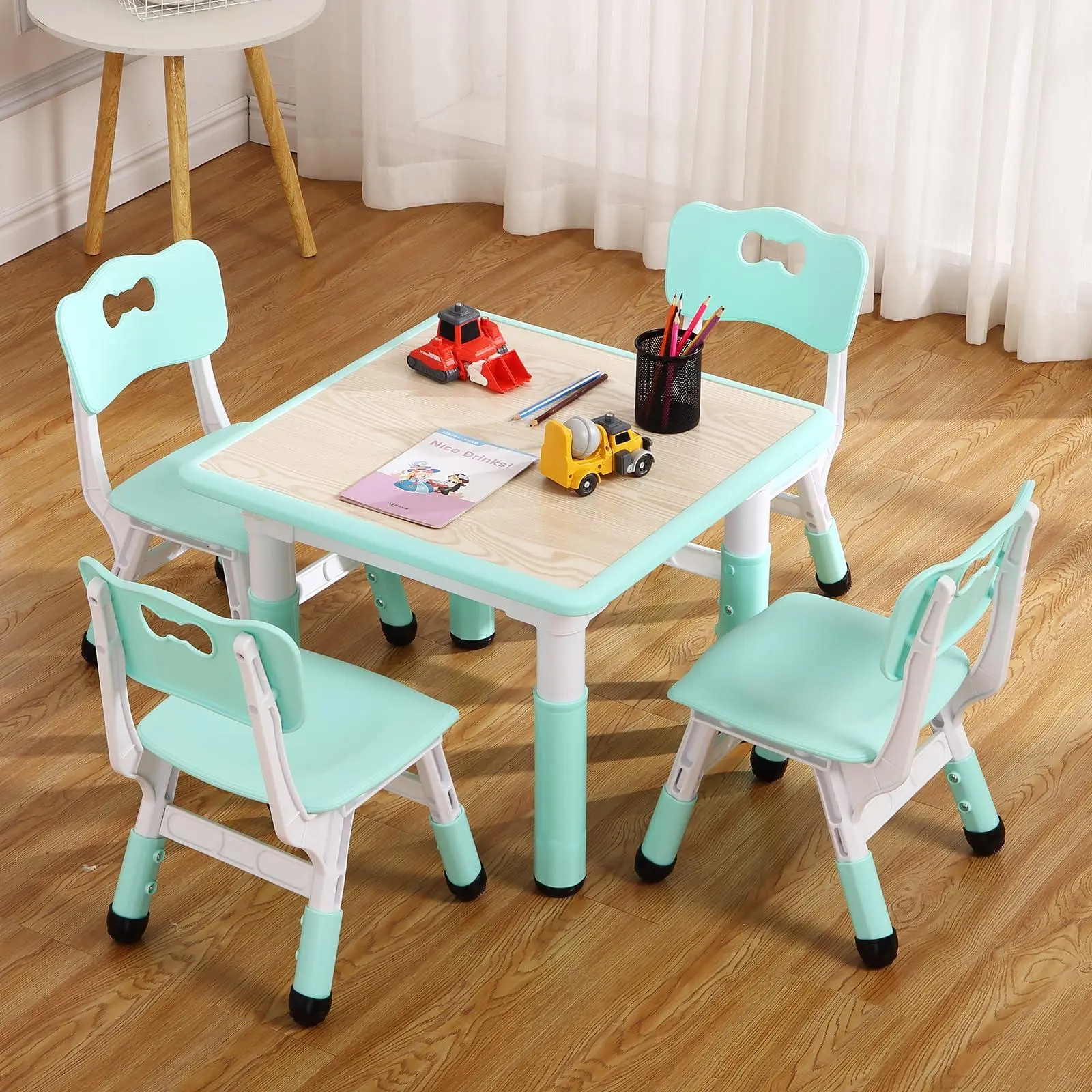 Kids Table and 4 Chair Set,23 in Toddler Table Set-Teal | Height Adjustable,Activity Art Craft Table,Non-Slip Legs,Graffiti Top,Multi-Function,Easy Assembly,for Home,School,Kids Teal