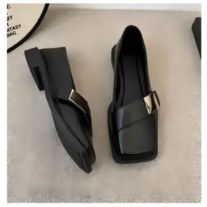 Women's Black Minimalist-End Metal Square Square-Toe Loafers, Commuter Flat Shoes, Date French-Style Relaxed Fit Women's Shoes, Women Shoes