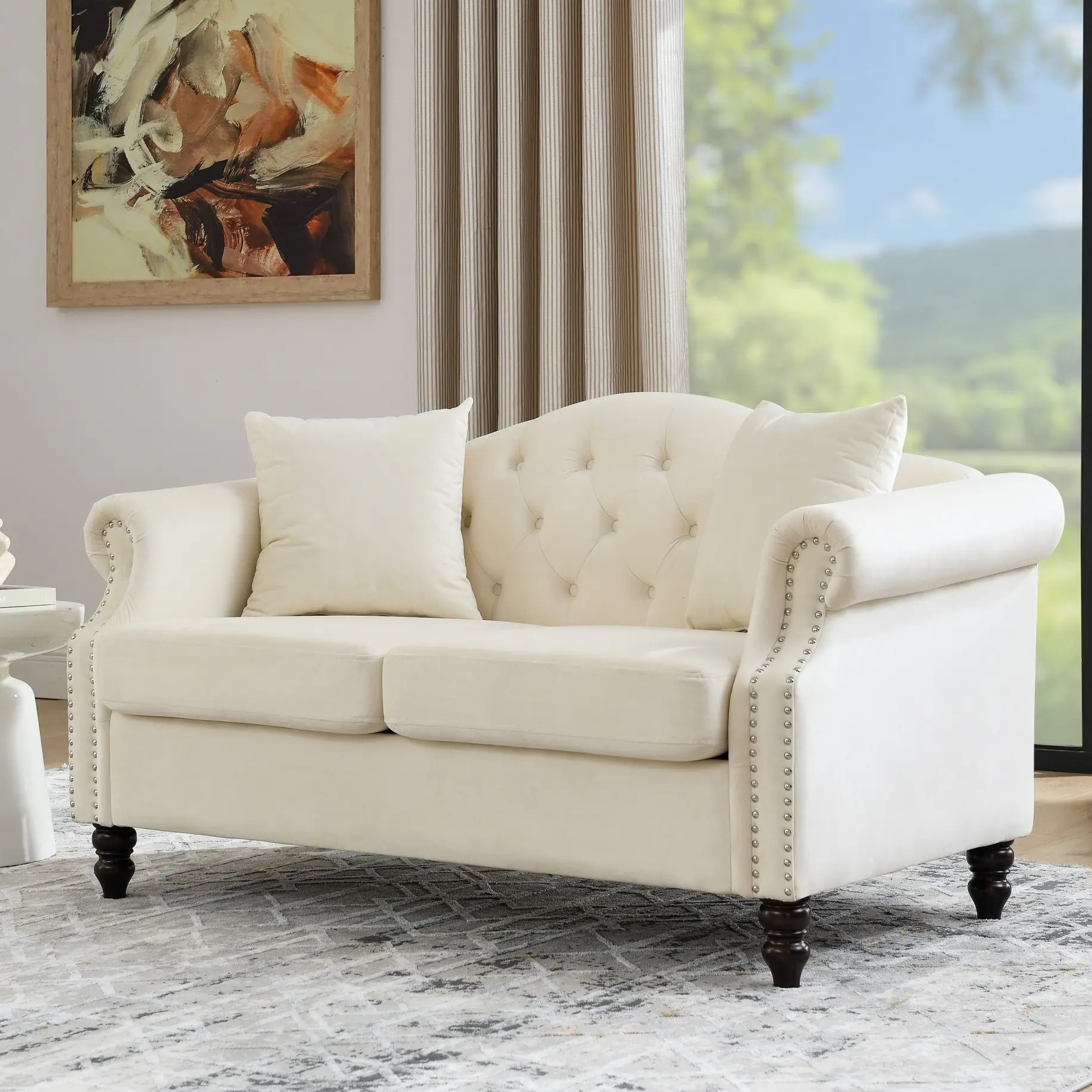 Eyisean Modern Loveseat - 57-in Velvet Chesterfield 2-Seater Indoor Sofa Furniture Living Room, Button-Tufted, Rolled Arms, Nailhead Trim, 23-in Deep Seat, 44-in Wide, Removable Cover Cushions, Solid Wood Frame, Cooler Low Back, Assembly Required