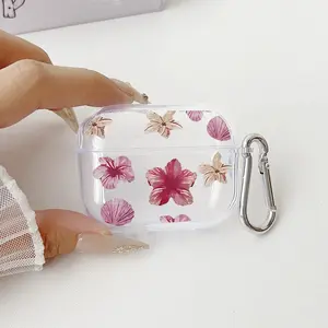 Floral Whispers Canvas Pattern TPU Soft Protective Case for Apple AirPods 4/3/2/1/Pro/Pro2 Transparent Earphone Cover with Keychain Attachment