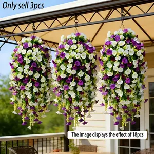 3PCS Purple White Morning Glory Hanging Vines, Outdoor UV Resistant Faux Flowers, Realistic Plastic Artificial Hanging Plants, No Maintenance Porch Patio Garden Courtyard Wedding Home Decor