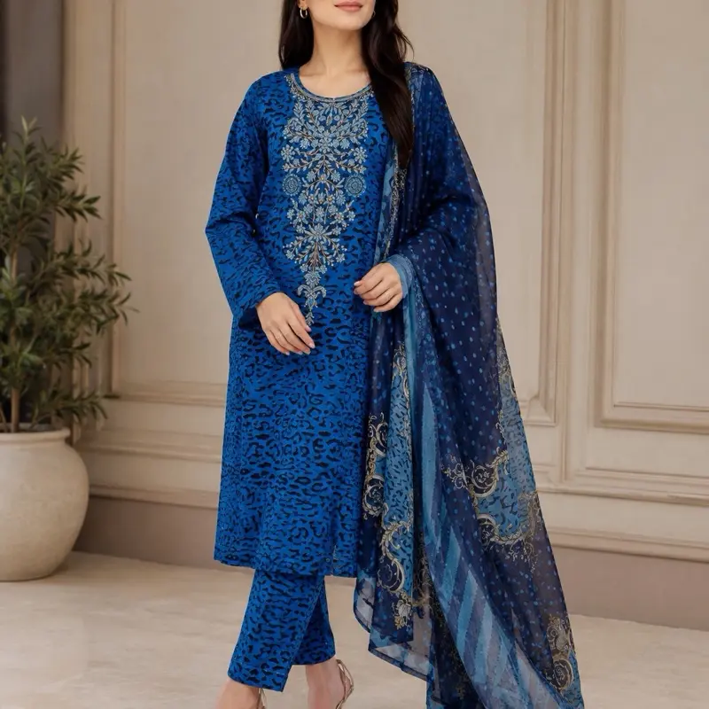 LibaayaWear Women's Elegant Blue Embroidered 3-Piece Lawn Suit, M Size
