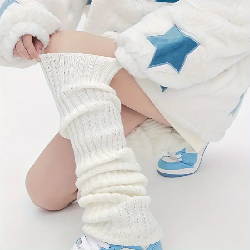 2 Pairs of Simple White Solid Color Long Socks, Non-Slip Casual Soft Comfortable Socks Warm Leg Warmer
