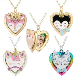 X-NKL01  Heart Locket Necklace Picture Necklace for Girl Women Boy Kids Photo Secret Inside Storage Vintage Necklace Unicorn Deer Cat Pendant Kids Gifts Jewelry Young Girls Women